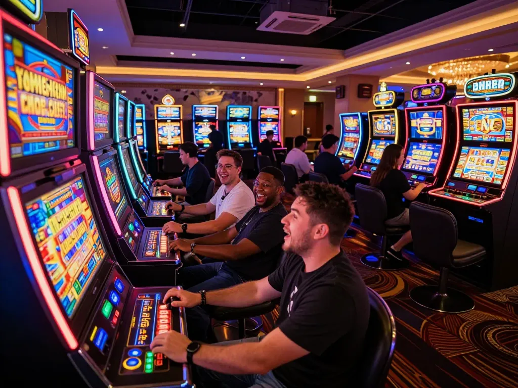 Players experiencing slot gacor excitement at colorful casino machines under vibrant neon lights