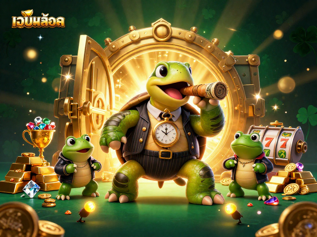 Experience เว็บสล็อต thrills as a cartoon turtle in a suit joins bullfrog enforcers in a dazzling casino scene.
