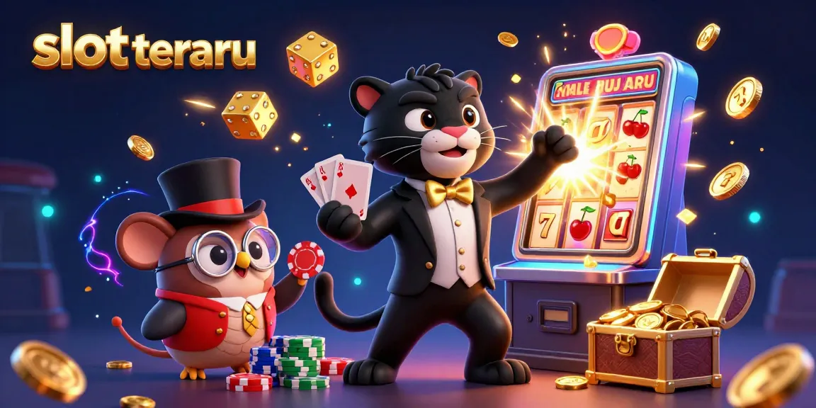 Experience slot terbaru with an exciting 3D illustration featuring a panther, owl, and mouse at a vibrant casino scene.