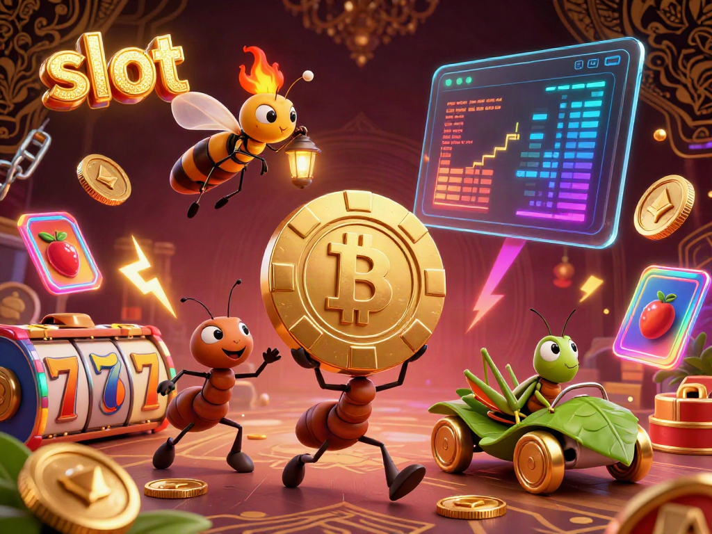 Menghadirkan slot simbol dan chip poker raksasa dalam ilustrasi 3D semut yang berlari dalam pencurian.