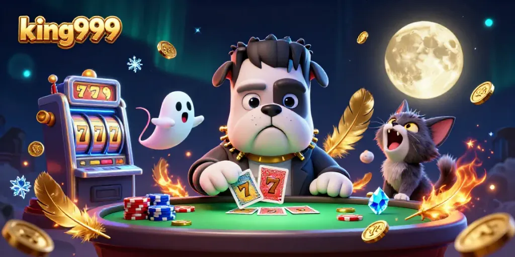 Permainan slot menarik dengan king999 yang menampilkan anjing Frankenstein dan kucing serigala.