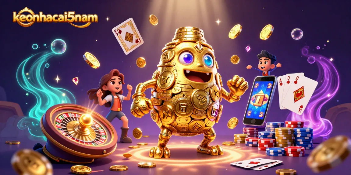 Experience thrilling action with keonhacai5nam's golem amidst cascading coins and dynamic casino elements.