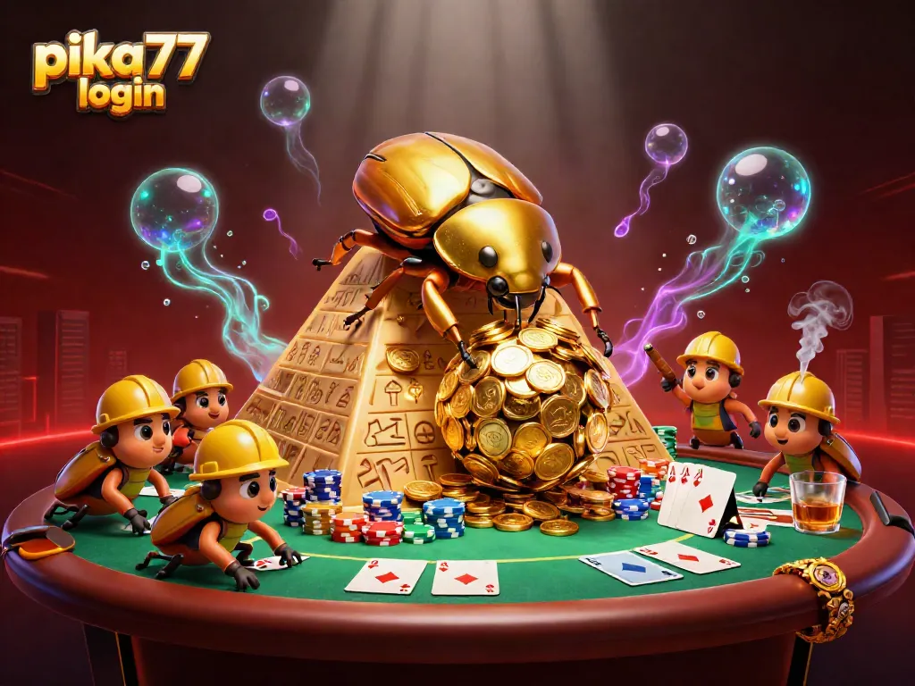 Experience the excitement of pika77 login with vibrant casino action and golden treasures in this dynamic illustration.