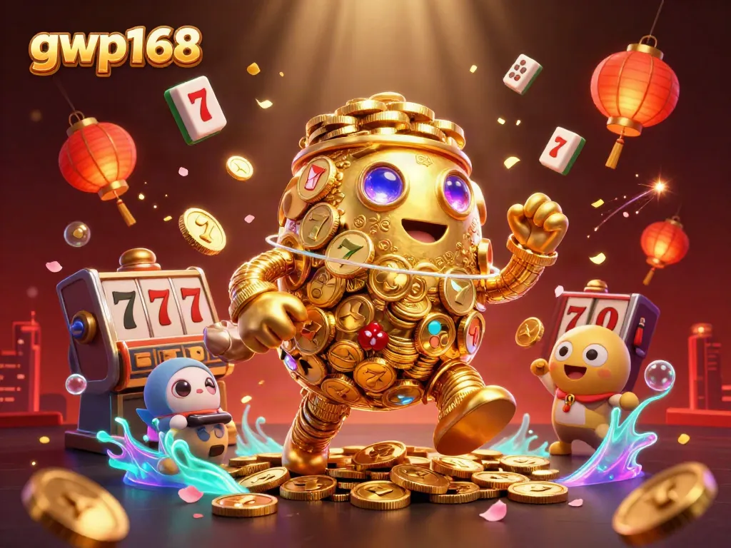 GWP168 menampilkan petualangan slot dengan makhluk golem emas yang berputar dan simbol beruntung yang bersinar.