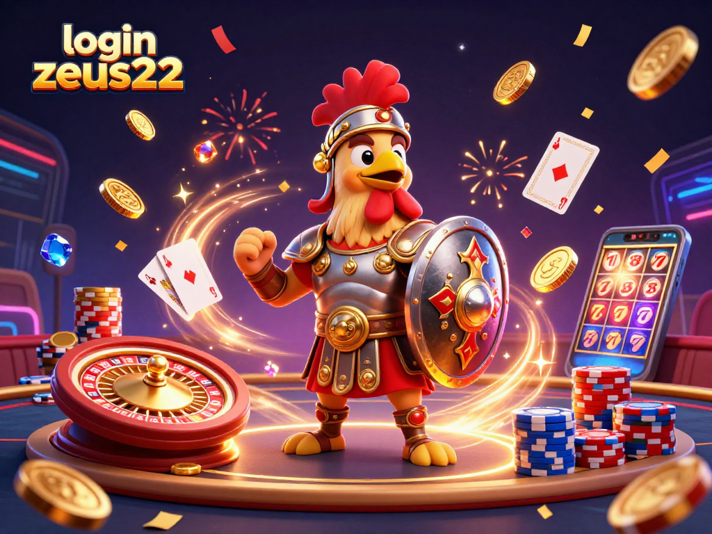 Experience the thrill of gaming with login zeus222 in a vibrant 3D casino illustration filled with action.