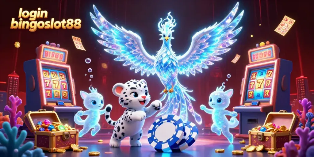 Login bingoslot88 meriah dengan phoenix es dan sprite bercahaya dalam suasana kasino.
