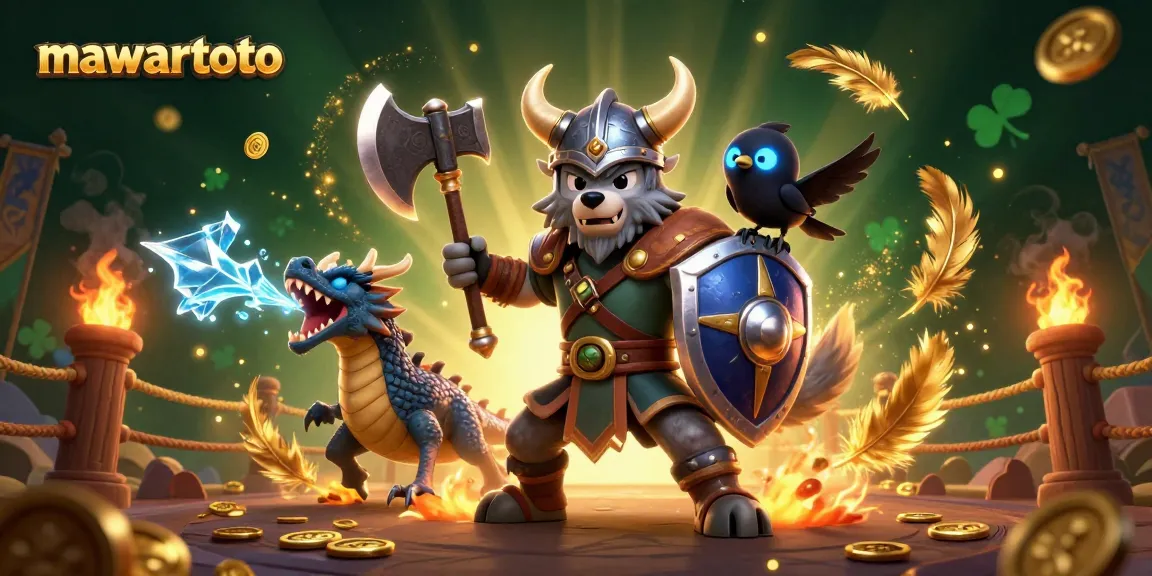 Tampilkan petualangan MaWartoto dengan prajurit serigala dan naga, siap untuk bertarung di arena taruhan.