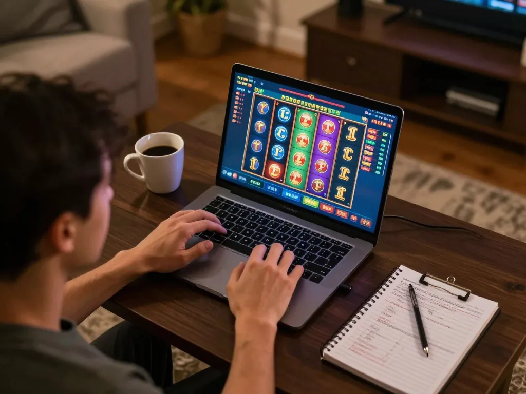 Player strategizing with slot toto game on laptop in cozy home setting