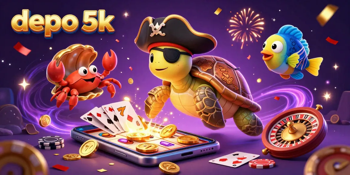 Join the thrilling adventure of depo 5k with a bustling casino scene featuring lucky slots and treasures.