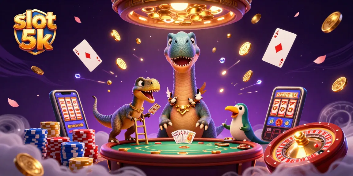 Engage with slot 5k excitement as a giant brontosaurus oversees a lively casino scene filled with colorful poker chips and dynamic card action.