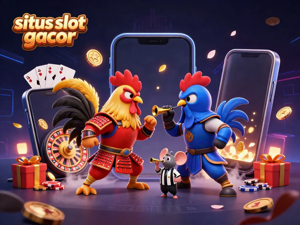 Mainkan situs slot gacor dengan ilustrasi ayam bertarung yang menarik dan penuh detail.