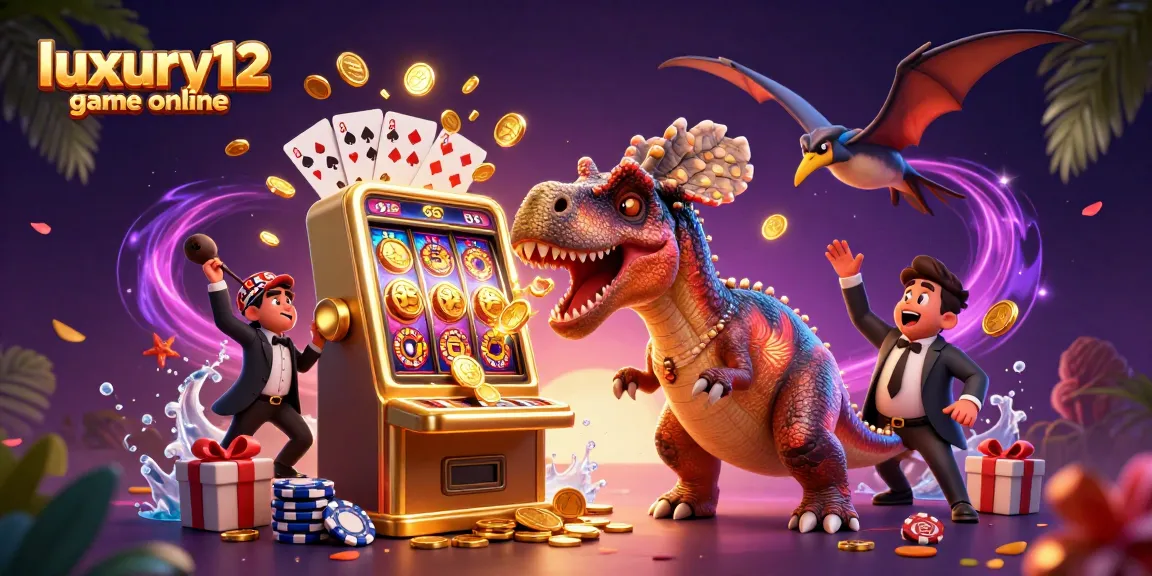 Experience thrilling wins with luxury12 game online as characters celebrate jackpots among vibrant casino elements.
