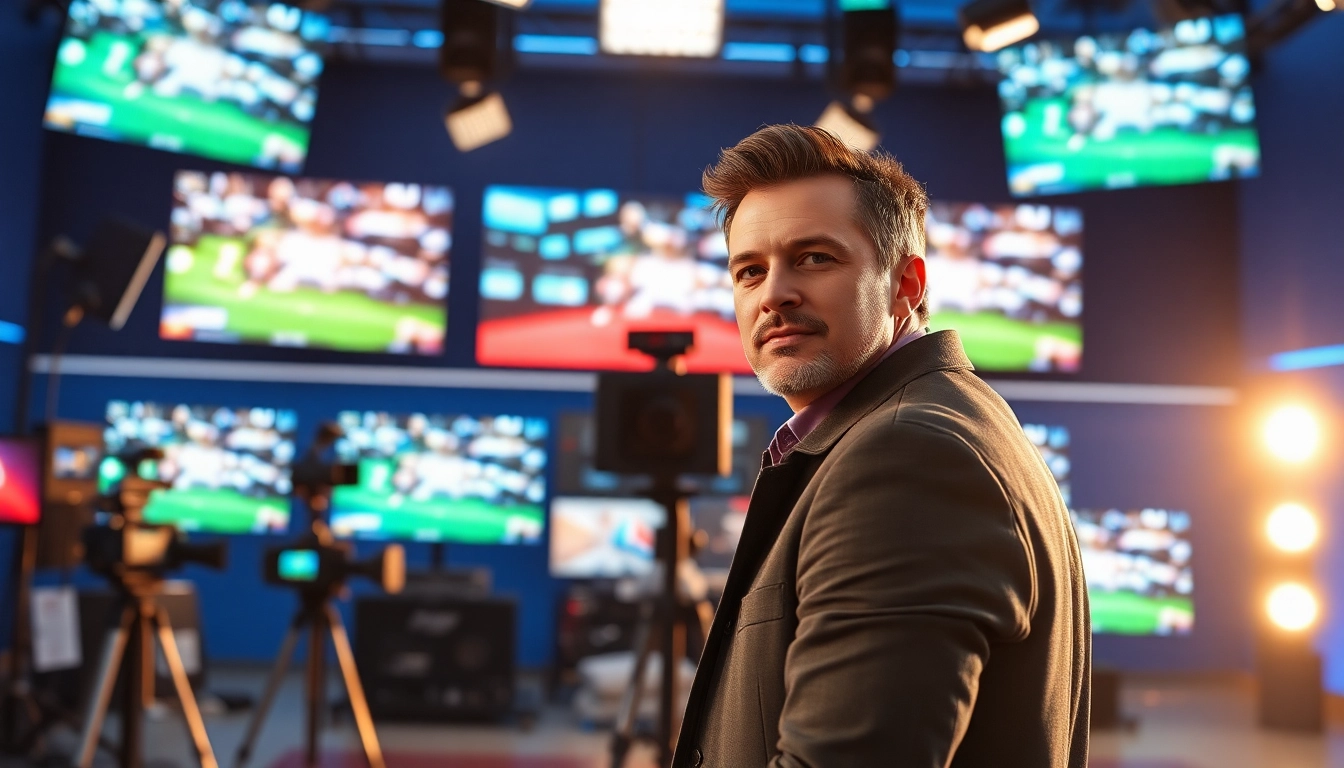 Dynamic sports broadcasting studio showcasing live feeds, vibrant technology, and an engaging host.