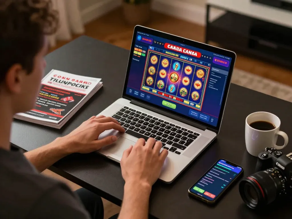 Engaging moment at online casinos in Canada, user immersed in gaming strategy on laptop at home.