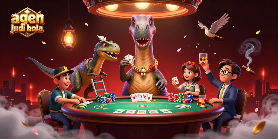 Engage with agen judi bola in a vibrant casino scene featuring dynamic characters and poker elements.