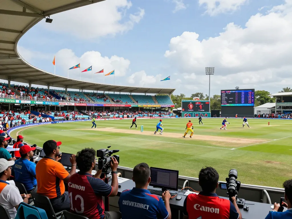 Exciting cricket match atmosphere at T20 World Cup, fans cheering and players in action, emphasizing cricket live exchange.