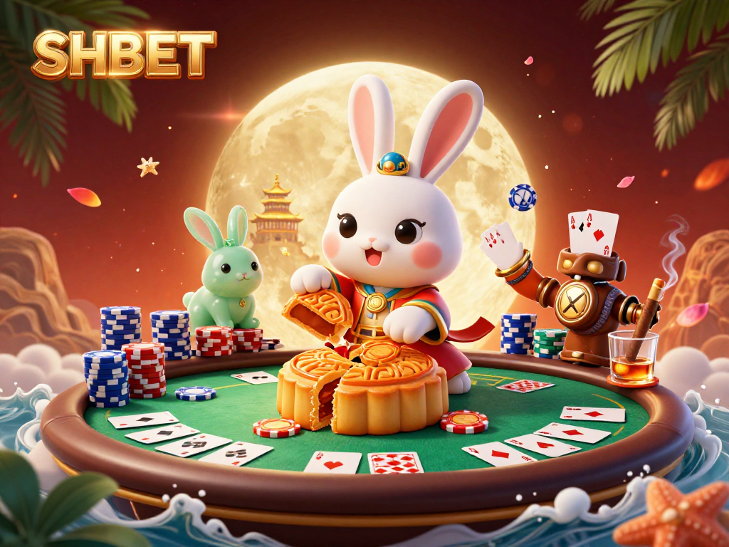 Win exciting poker chips with SHBET's enchanting moon rabbit and jade companion illustration.