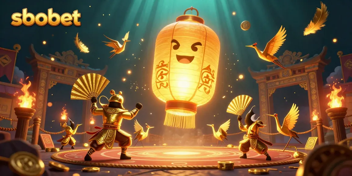 Bet on sbobet with a vibrant scene showcasing a giant golden lantern spirit amidst a lively night market casino.