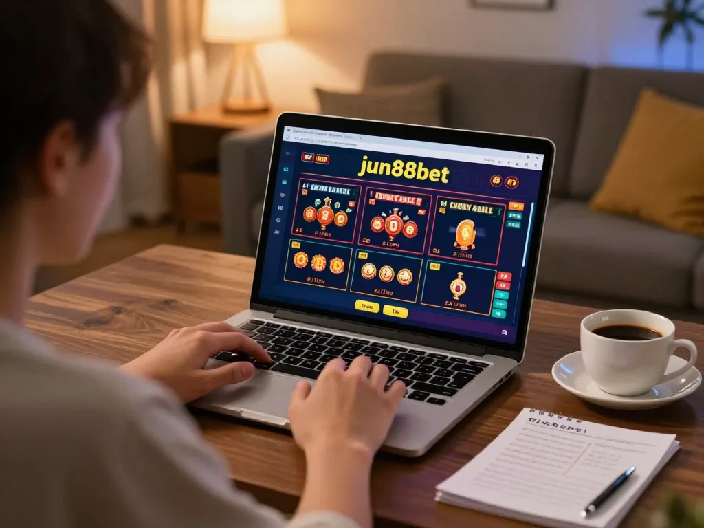 Gambler using the jun88bet platform on a laptop, showcasing an intense gaming session at home.