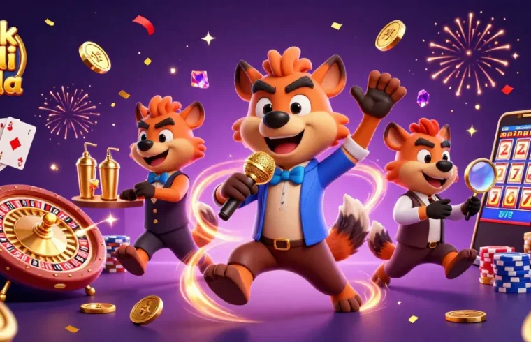 Engage with link judi bola in a dynamic casino scene featuring hyenas and lively game elements.