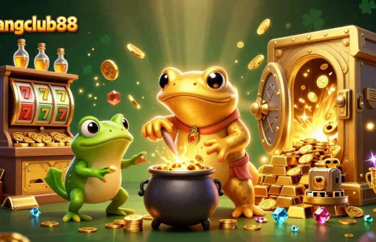 Experience the thrill of menangclub88 with a vibrant 3D casino scene filled with gold and joy.