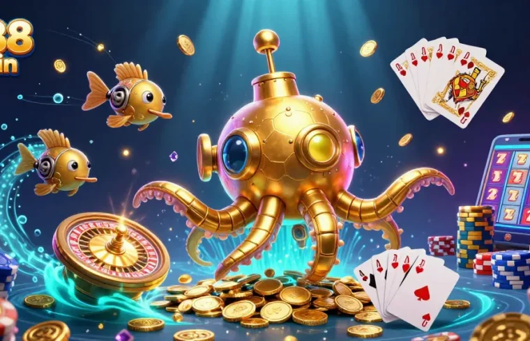 M88 login to a vibrant online casino environment with golden treasures, card games, and playful characters.