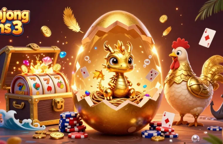 Experience thrilling mahjong wins 3 with a golden dragon and poker chips in a vibrant 3D illustration.