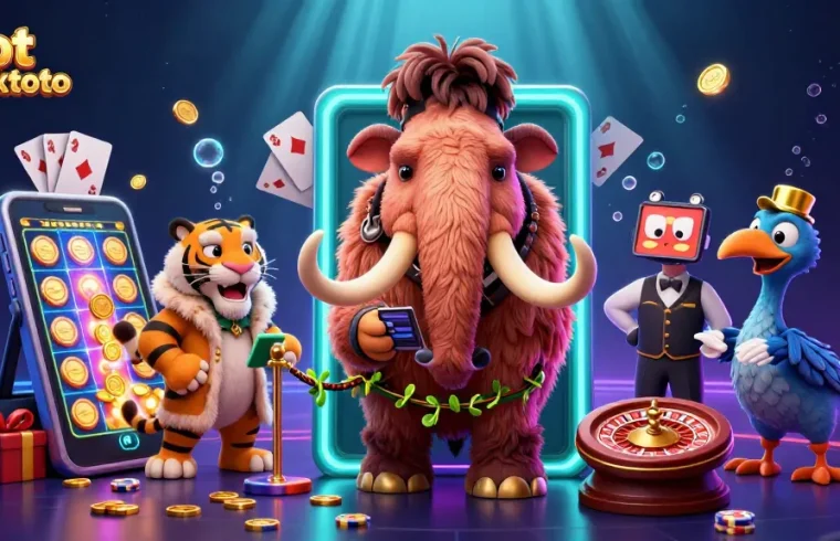 Experience thrilling action at slot ombaktoto with a cartoon mammoth bouncer welcoming guests in style.