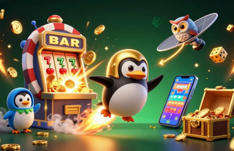 Dhani win features a golden penguin rocket blasting off to a casino space station with gaming elements.