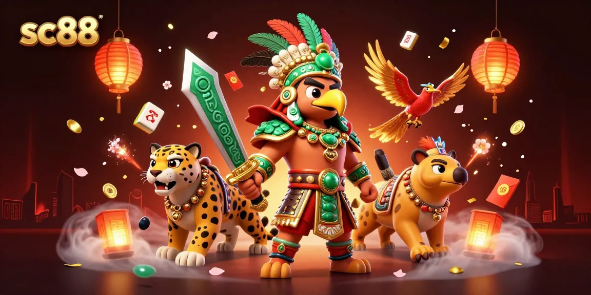 Experience the thrill of sc88 with Aztec warriors and vibrant casino elements in a dynamic scene.