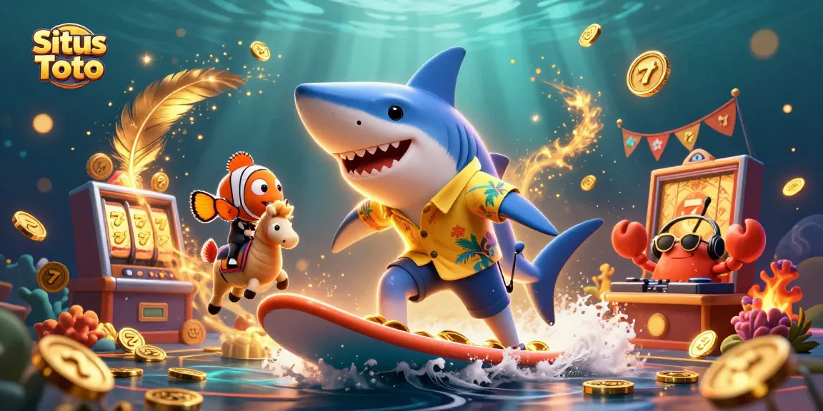 Experience the thrill of Situs Toto with a playful shark surfing on gold coins amid vibrant casino elements.