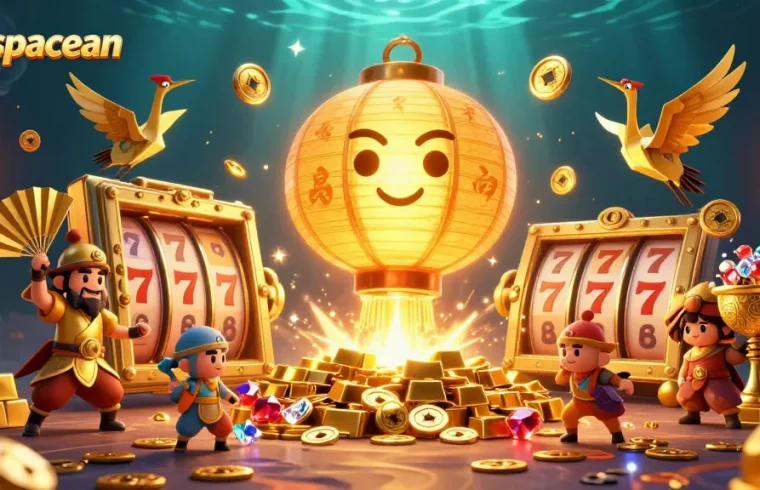 Win big with slot spaceman in a vibrant casino scene filled with gold treasures and dynamic characters.