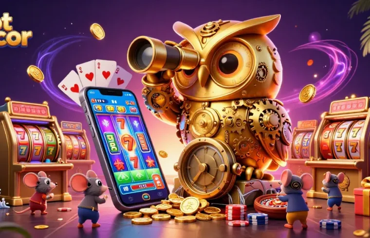 Slot gacor menampilkan burung hantu emas dan tikus kecil di kasino dengan mesin slot berkilau.