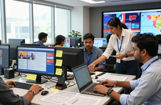 Newsroom collaboration at https://www.theindaily.com showcasing journalists analyzing breaking news with engaging visuals.