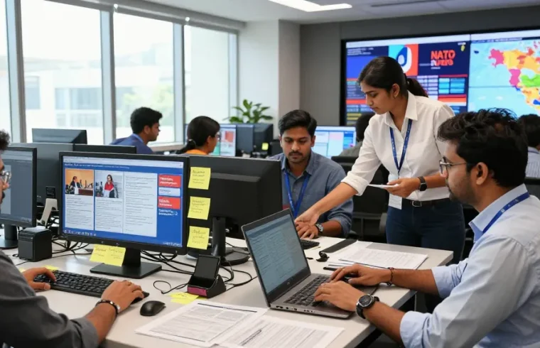 Newsroom collaboration at https://www.theindaily.com showcasing journalists analyzing breaking news with engaging visuals.