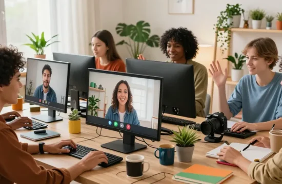 Engaging online video chat scene for شات فله featuring diverse individuals in cozy home offices.