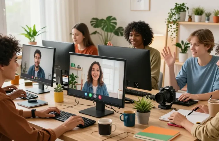 Engaging online video chat scene for شات فله featuring diverse individuals in cozy home offices.