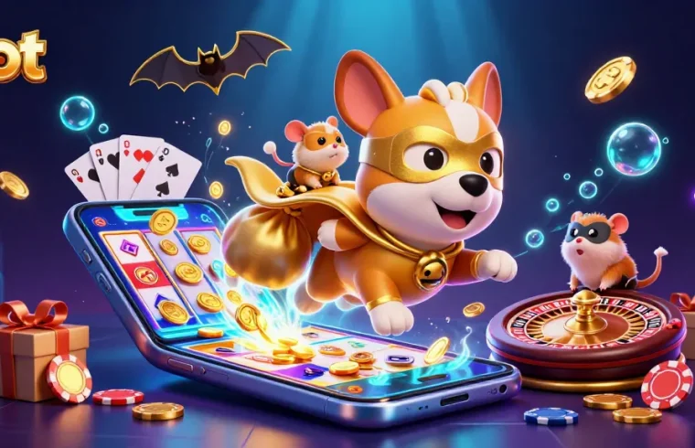 Bermain slot dengan karakter superhero anjing dan hamster, dikelilingi oleh mesin slot dan chip poker.