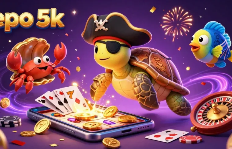 Join the thrilling adventure of depo 5k with a bustling casino scene featuring lucky slots and treasures.